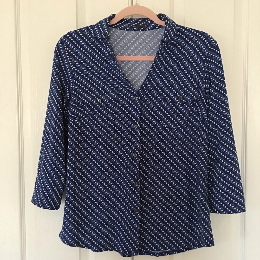 J. McLaughlin blue white button down shirt M